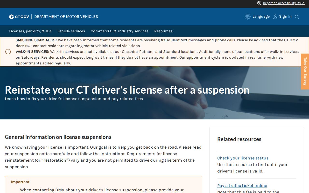 Connecticut DMV notice about missed traffic deadlines and reopening a case